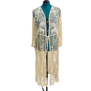 Francesca's Lace Boho Long Kimono Short Sleeves Front Tie Victorian Size XL